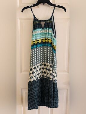 Prana Sleeveless Geometric Print Dress in Teal, Yellow & Black
